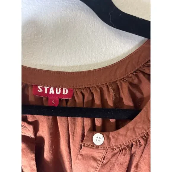 Staud Brown Half Puff Sleeve Cotton Button Up Maxi Dress Sz S - Picture 2 of 3